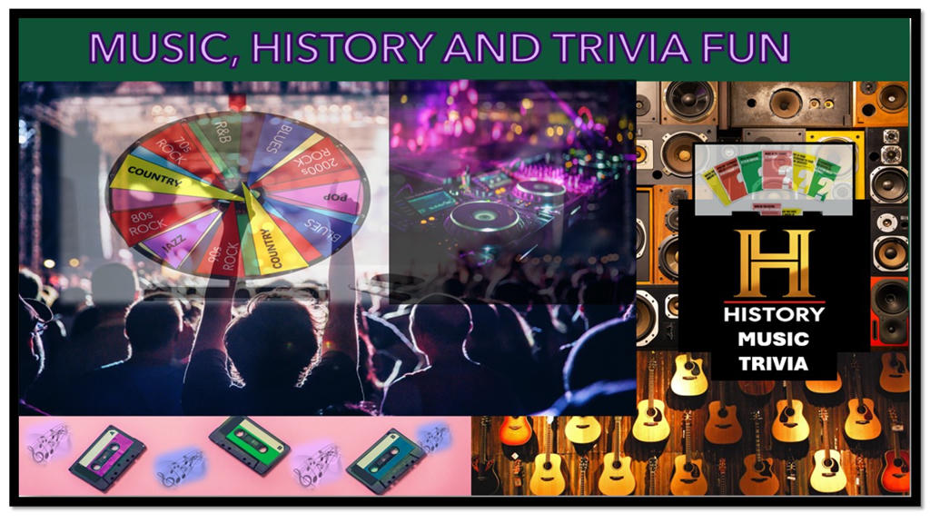 Music, history, trivia collage: wheel, DJ, guitars
