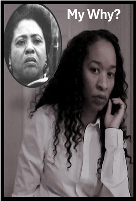 Pensive woman with inset older woman's portrait