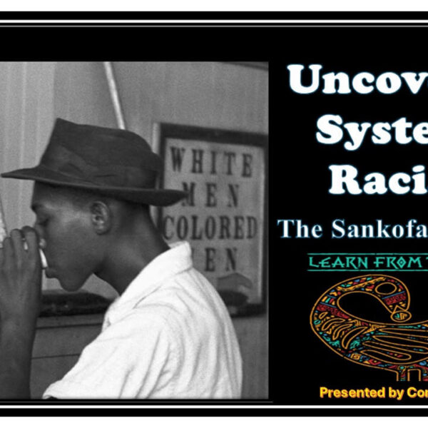Historic segregation photograph with Sankofa banner