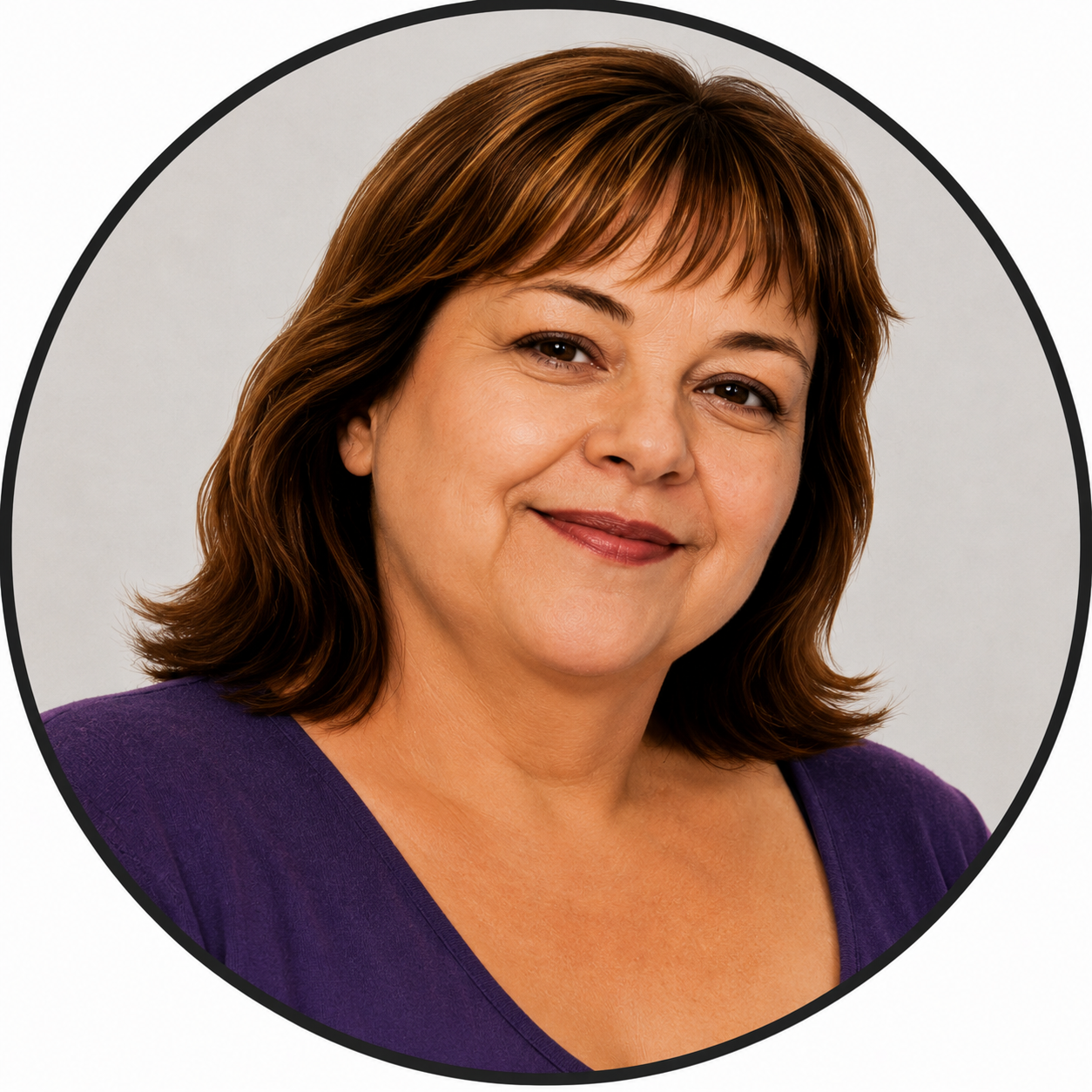 Smiling middle-aged woman in purple top