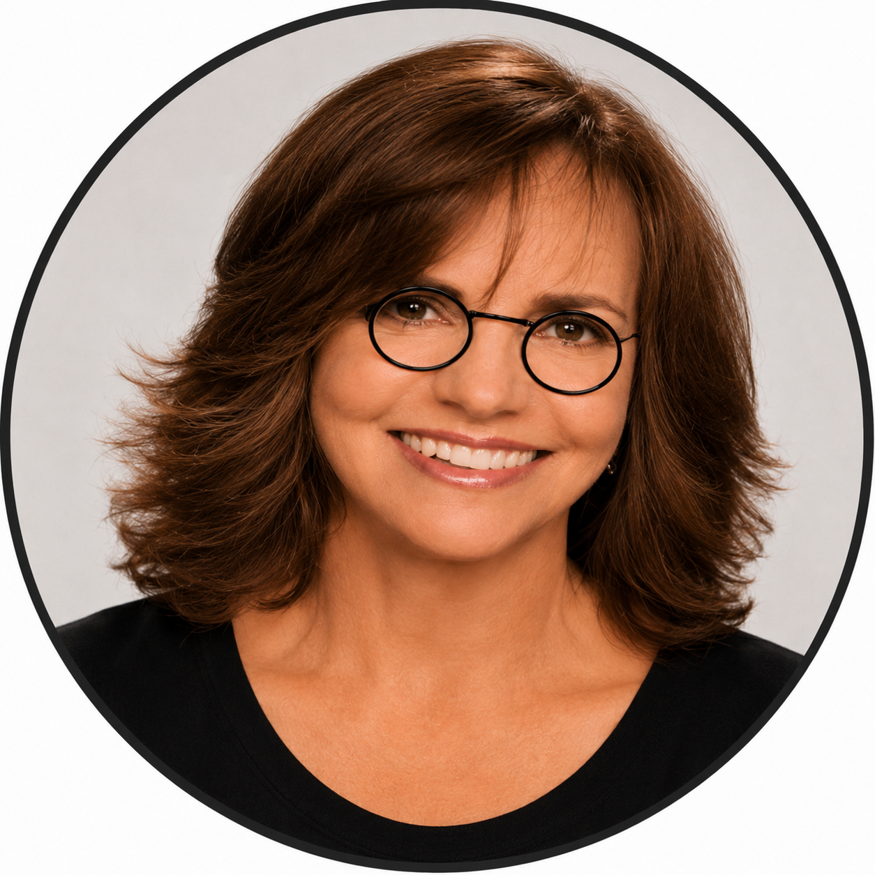 Smiling woman wearing round glasses headshot