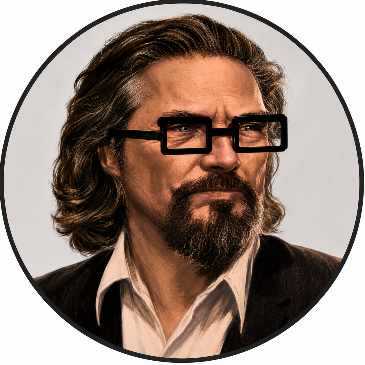 Bearded man in suit with square glasses