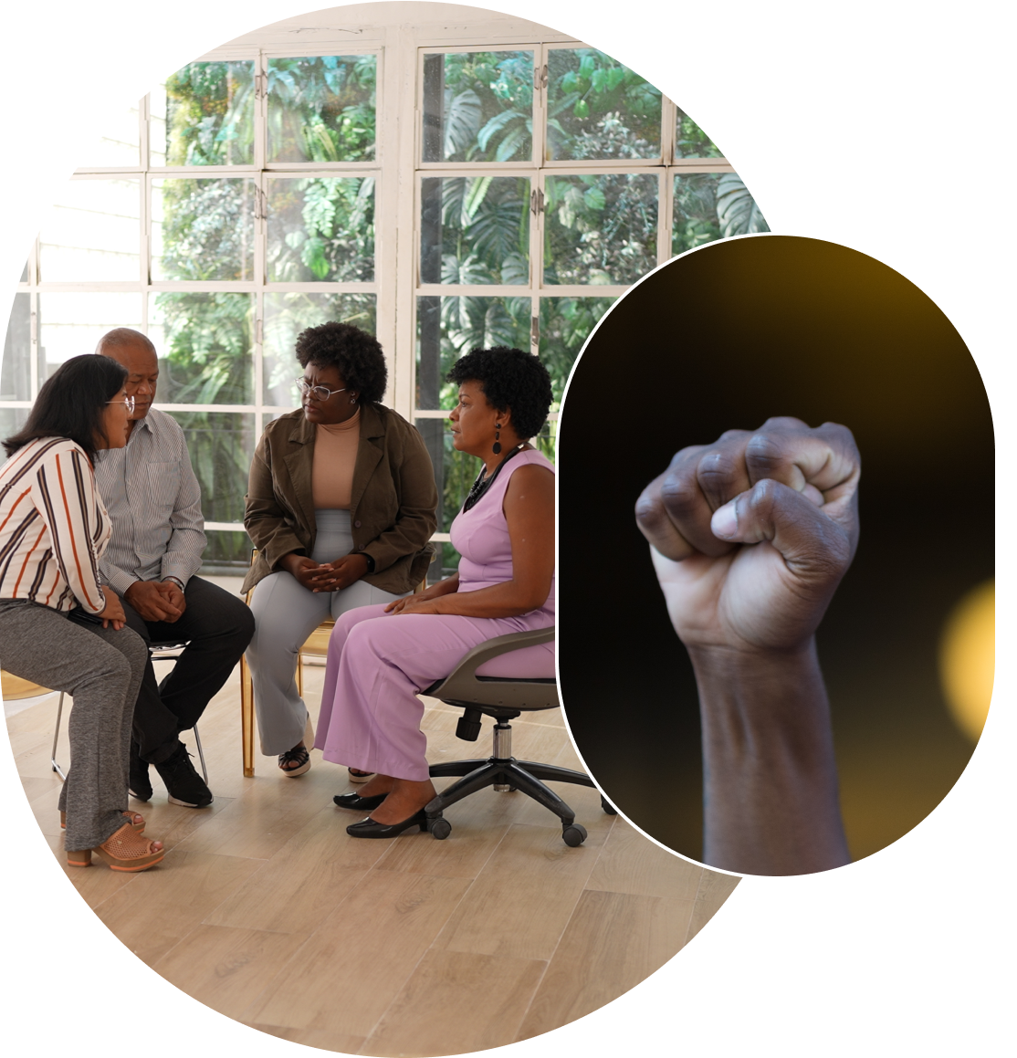 Group discussion with raised fist overlay
