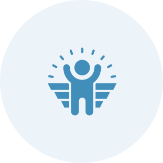 Blue figure with raised arms logo