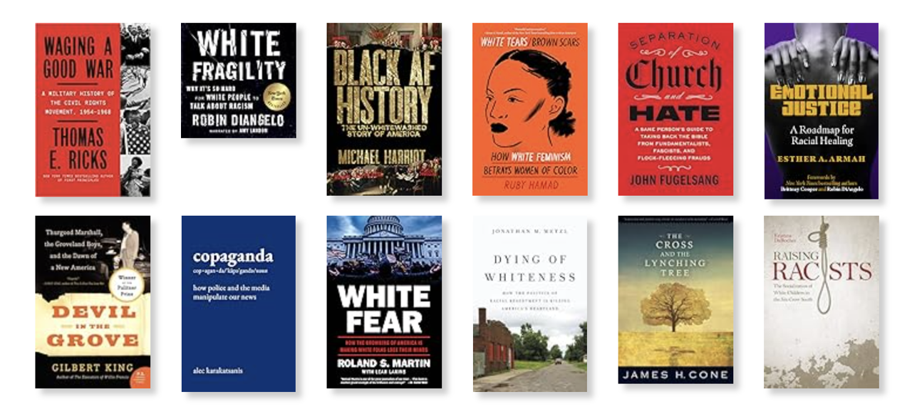 Grid of books about race, racism, and history