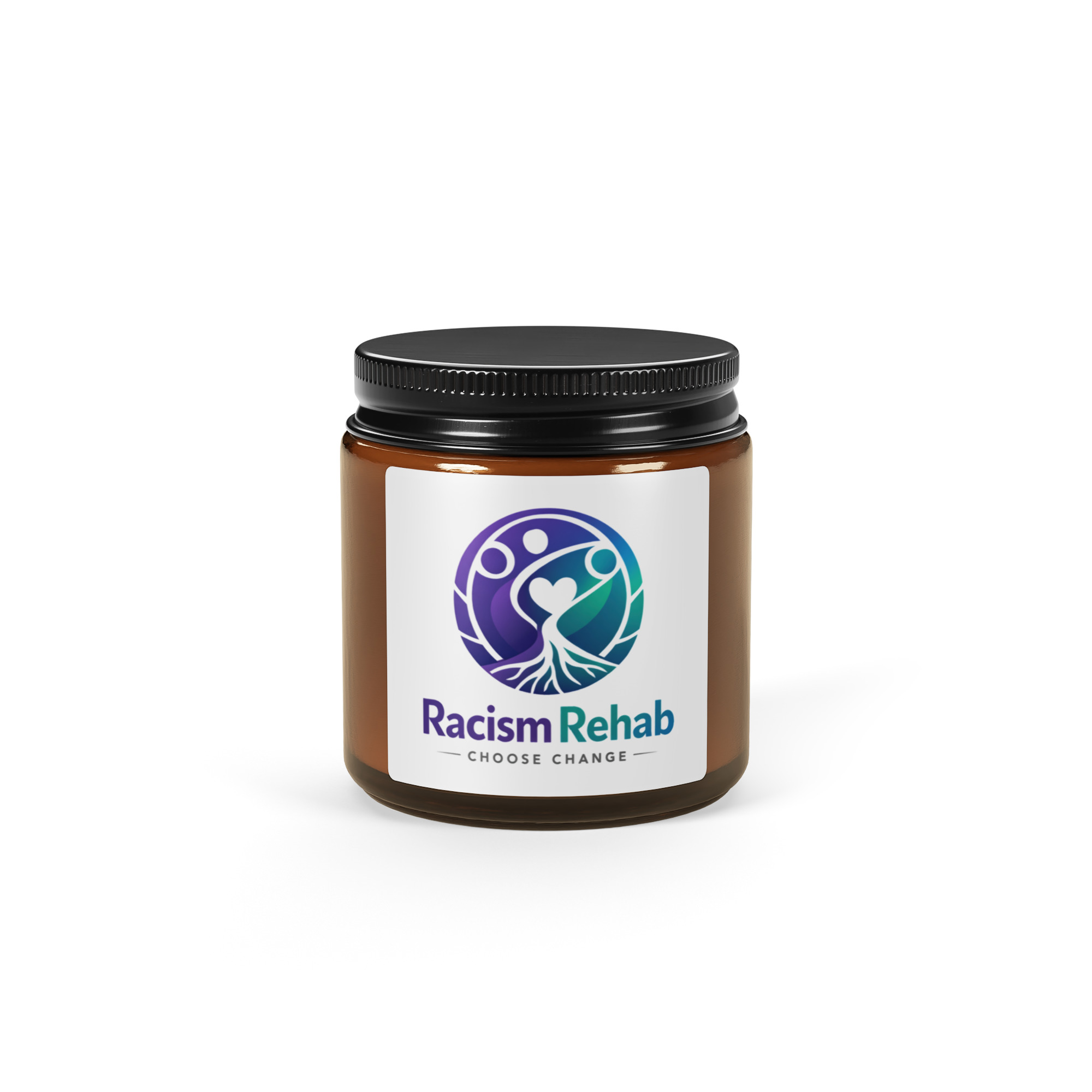 Amber glass jar with Racism Rehab logo