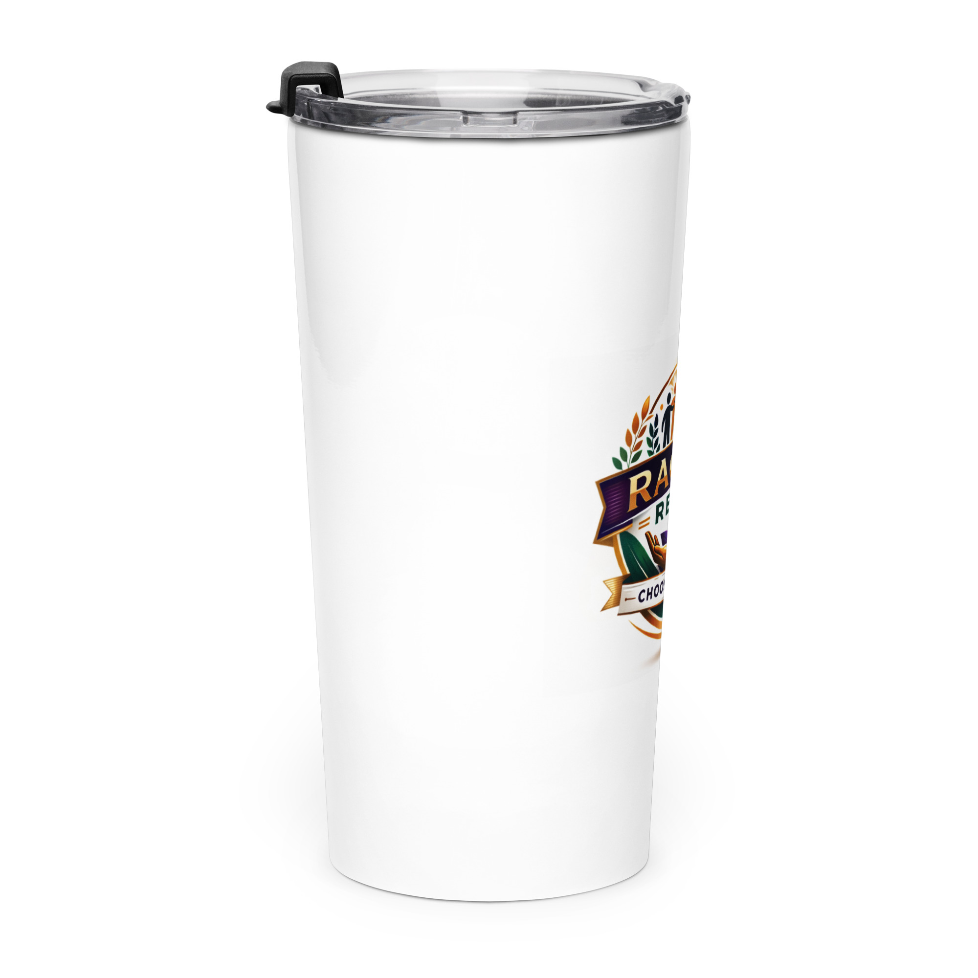 White travel tumbler with clear lid