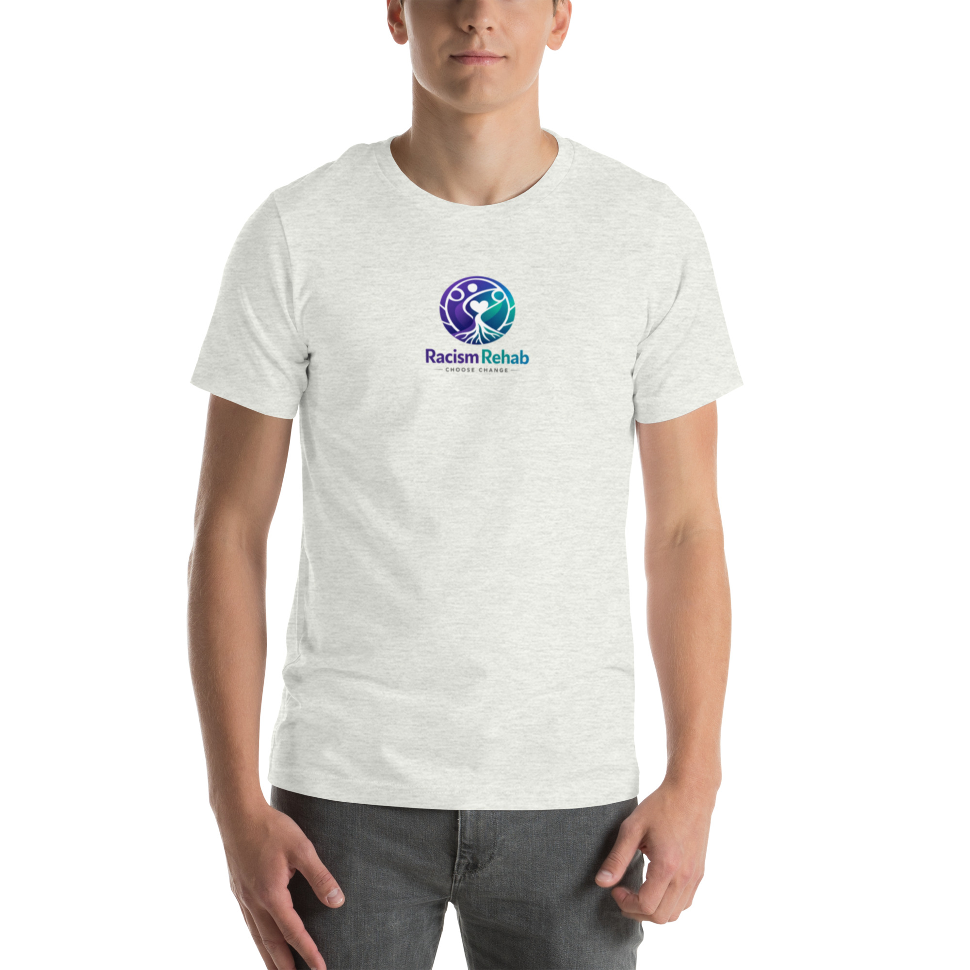 Person wearing t-shirt with Racism Rehab logo