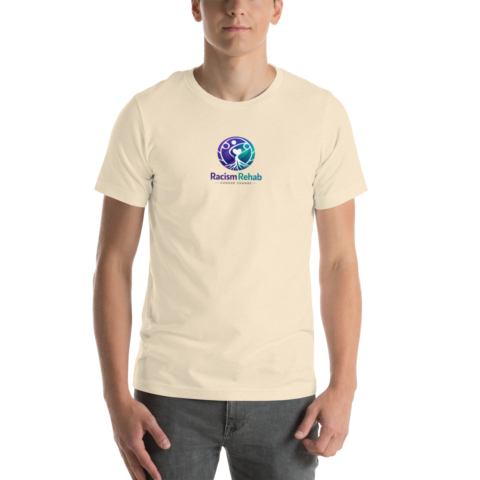 Man wearing shirt with Racism Rehab logo