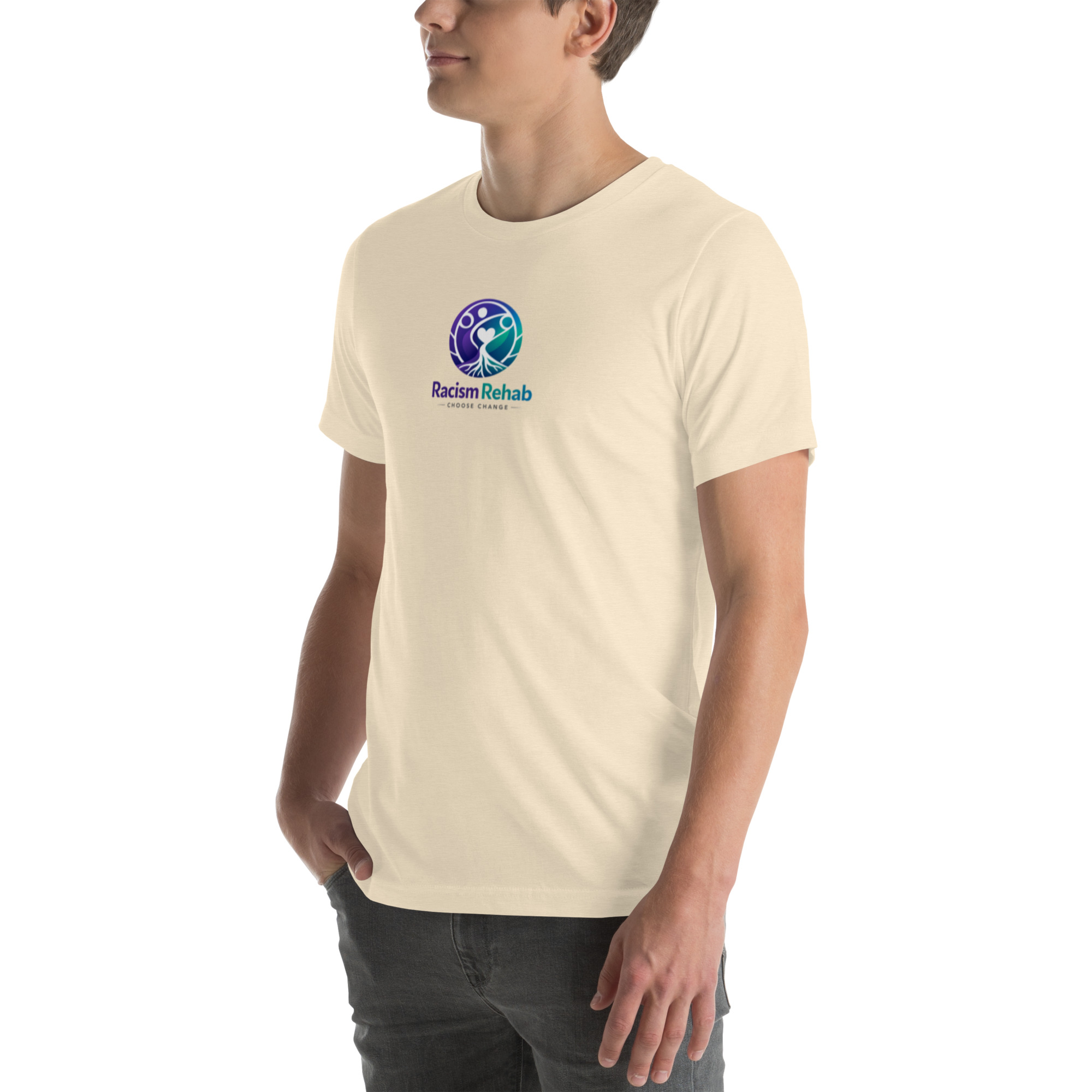 Person wearing cream T-shirt with Racism Rehab logo