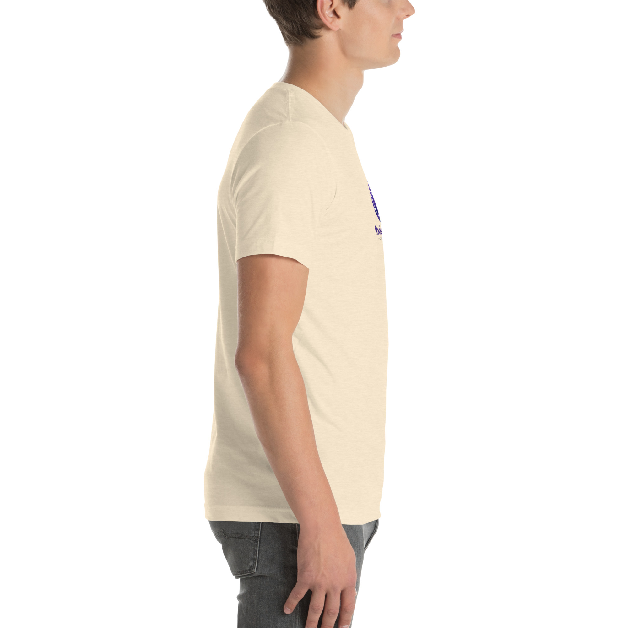 Side view of man wearing beige t-shirt