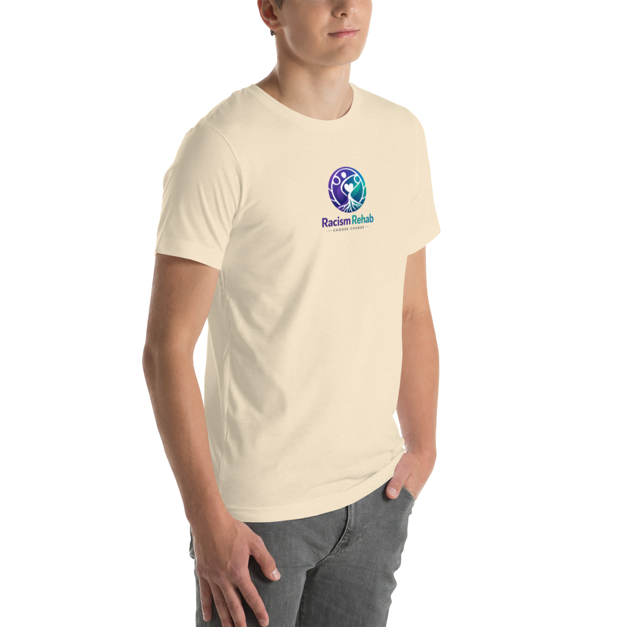 Man wearing cream t-shirt with Racism Rehab logo
