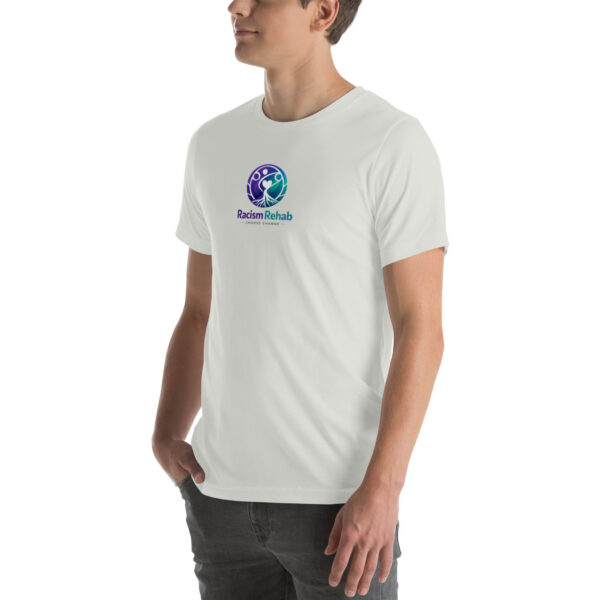 Man wearing Racism Rehab logo t-shirt