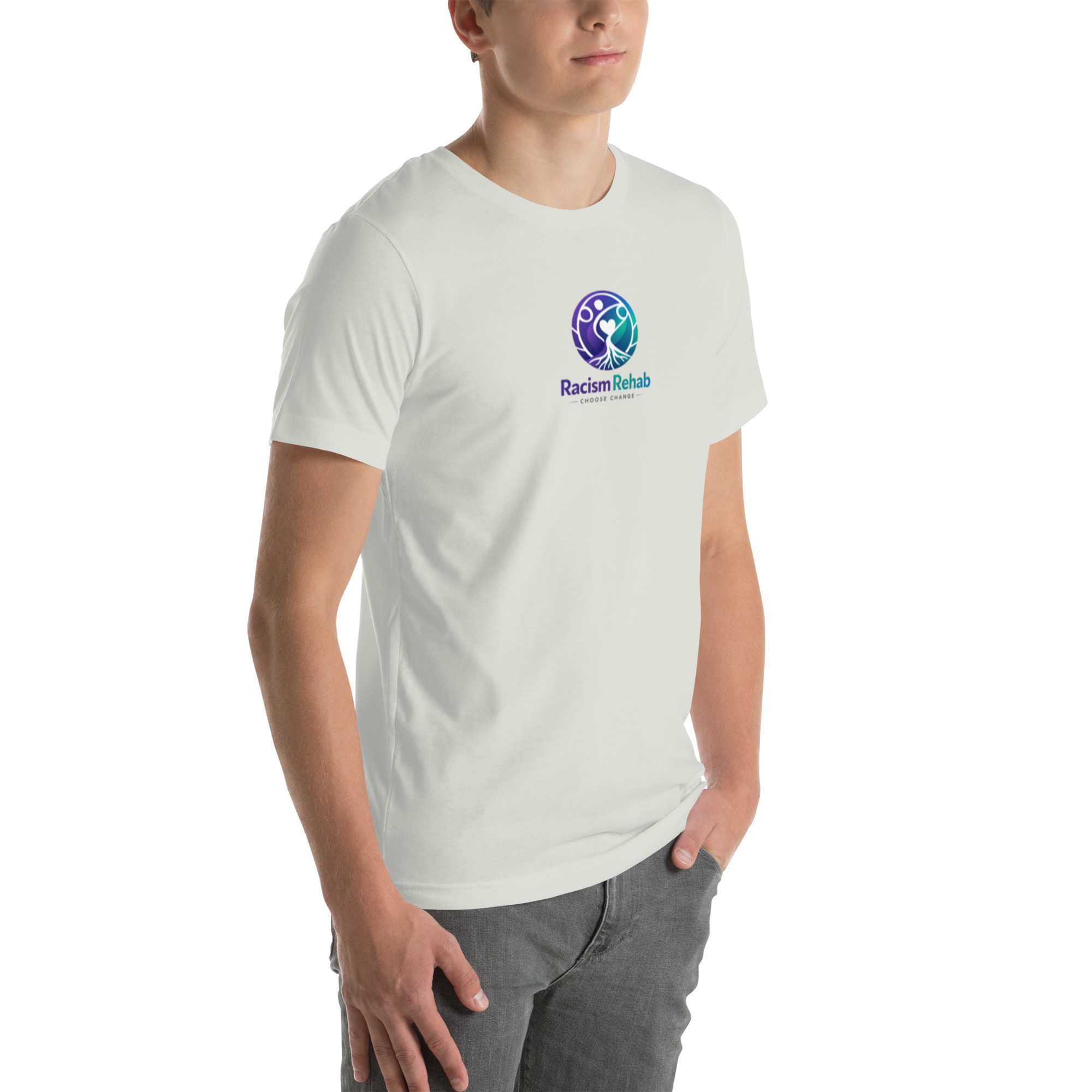 Person wearing white t-shirt with Racism Rehab logo