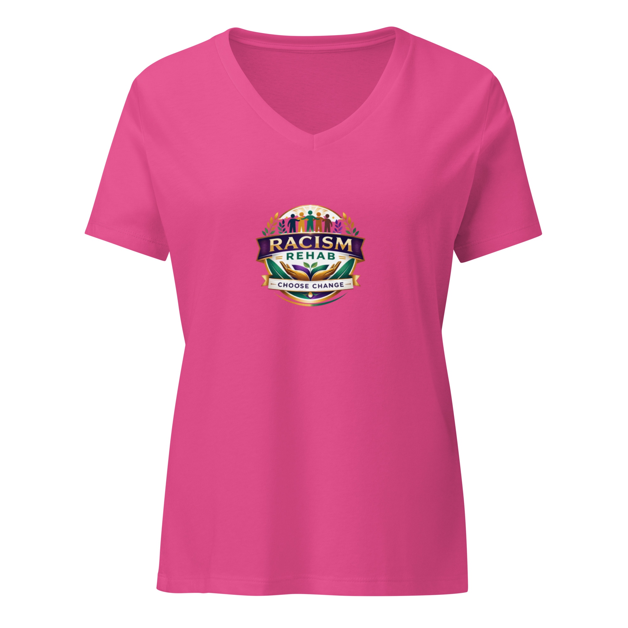 Pink women's V-neck tee with Racism Rehab logo