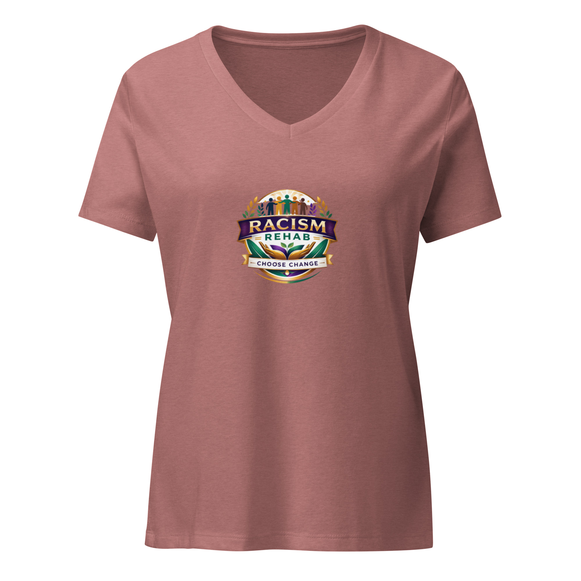 Women's pink V-neck shirt with "Racism Rehab" logo