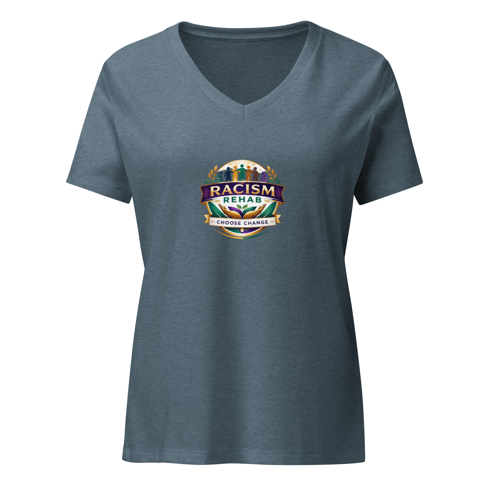 Women's v-neck shirt with Racism Rehab logo