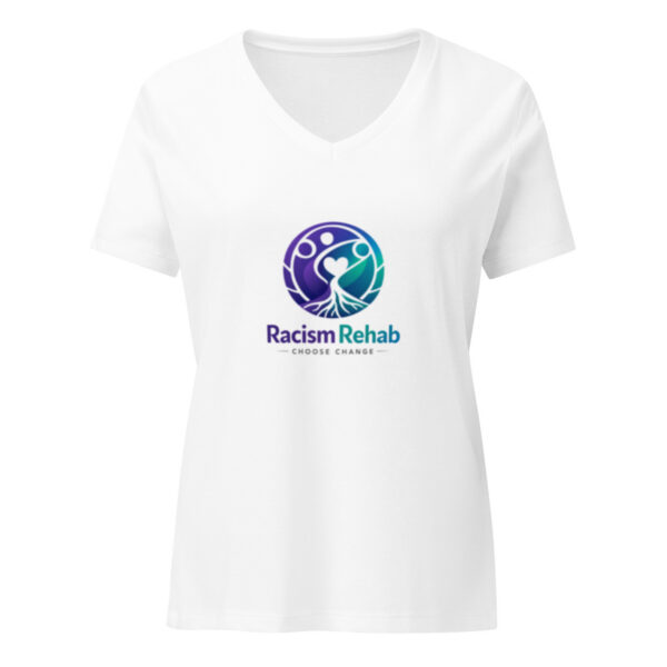 Women's white V-neck shirt with Racism Rehab logo