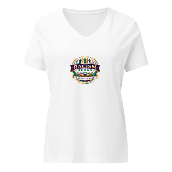 White V-neck T-shirt with Racism Rehab logo