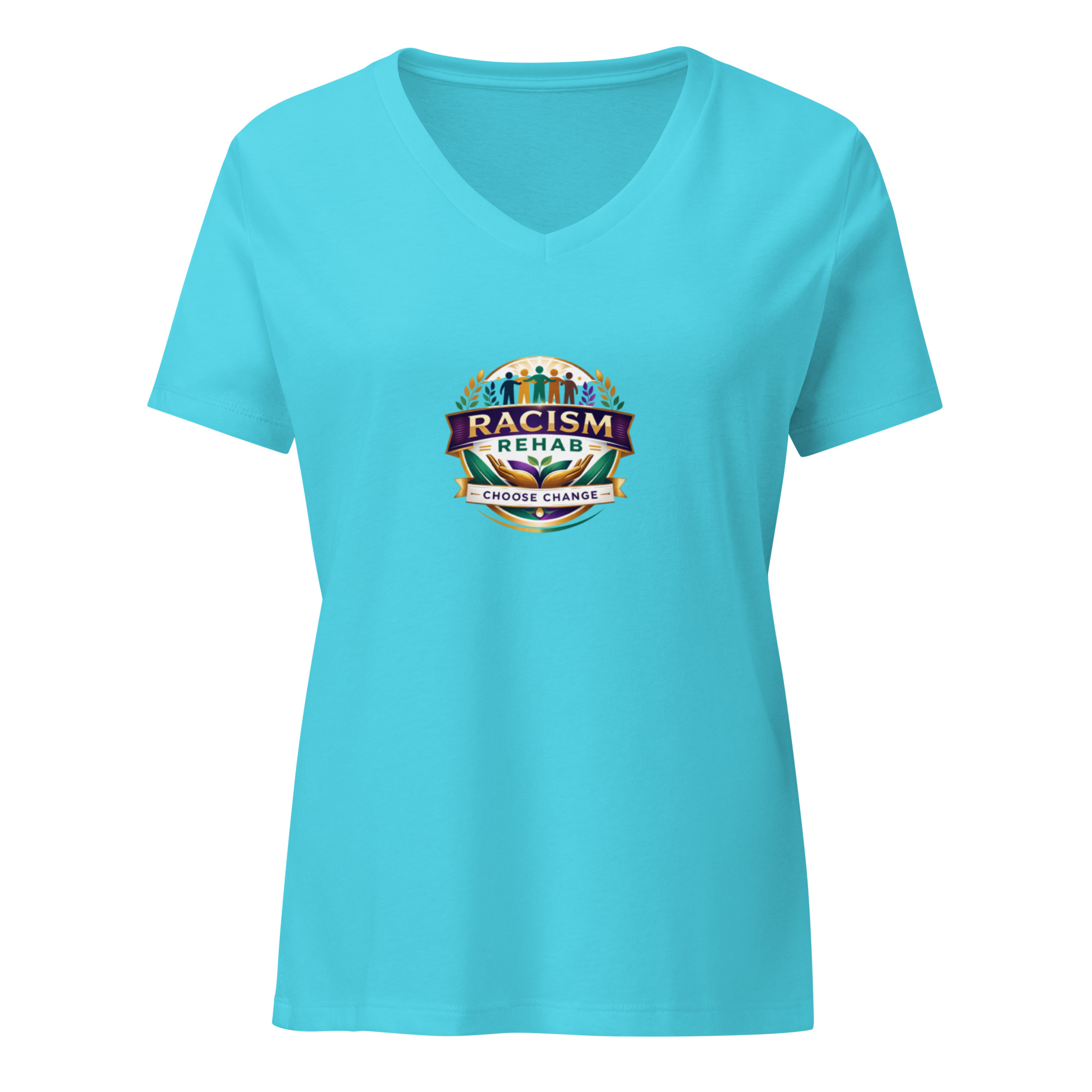 Turquoise V-neck tee with Racism Rehab logo